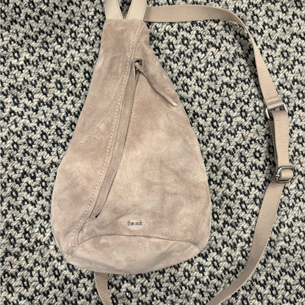 The Sak Geo Sling Cross body Bag taupe suede